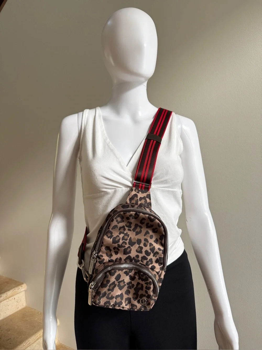 lululemon athletica Leopard Print Crossbody Sling Bag with Red Strap